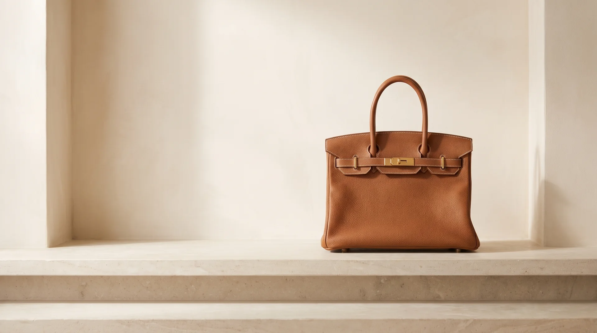 Hermès Birkin 30 in cognac leather on pale limestone, campaign still life
