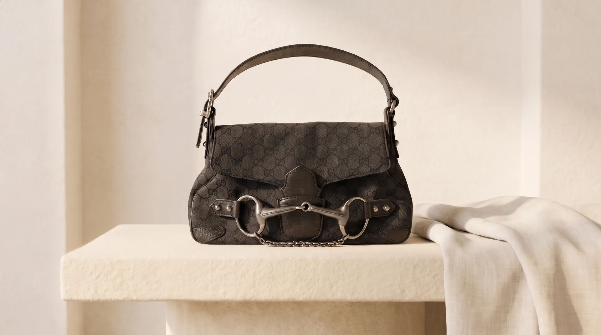 Gucci Horsebit in charcoal canvas with silver hardware on ivory stone, campaign still life