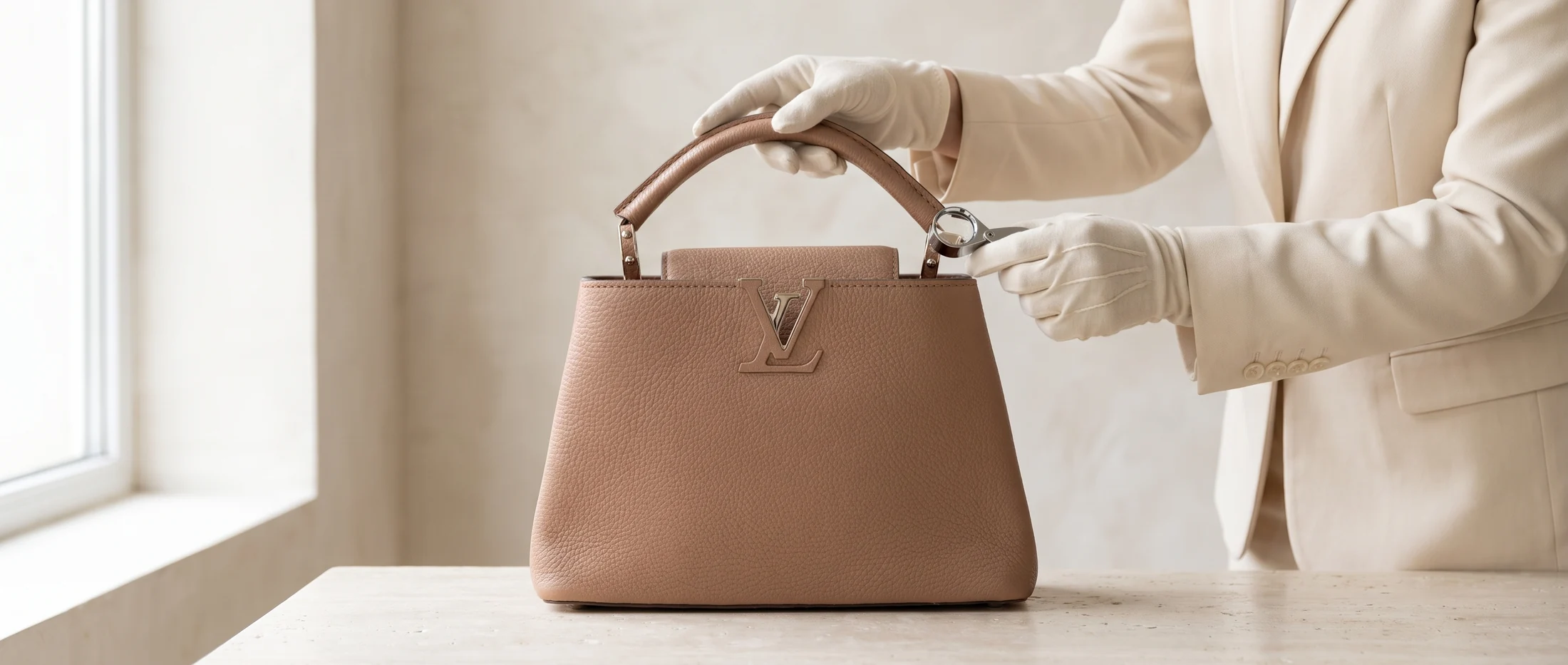 A specialist wearing cotton gloves examines a taupe Louis Vuitton Capucine handbag with a loupe